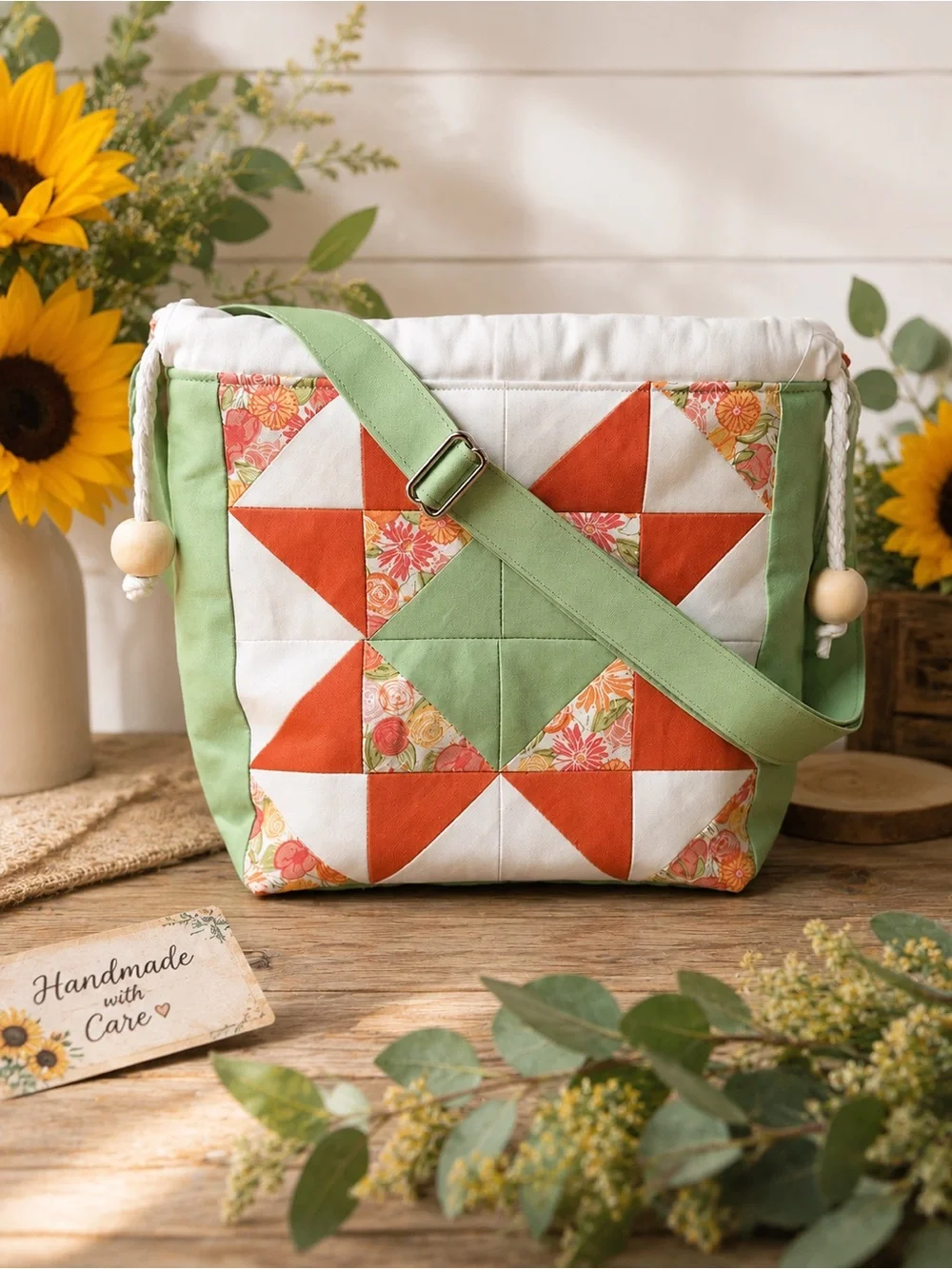 Handmade Quilted Star Crossbody Bag in Green and Orange Floral